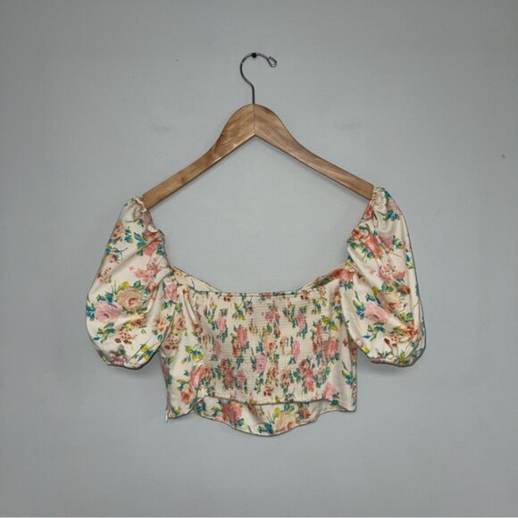 Zara Crop Top Women’s Size Large Floral Puffy Sleeve‎ Smocked Back Corset Point - Picture 10 of 14